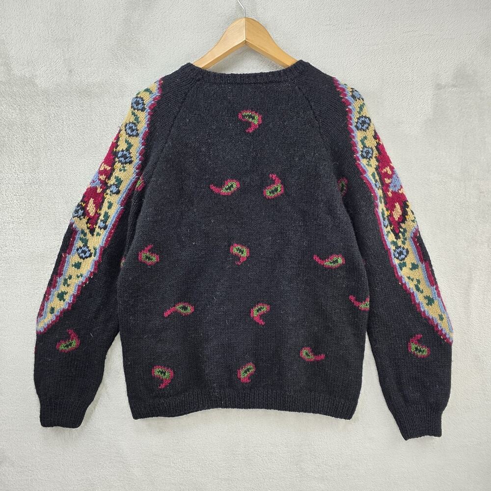 Vintage Roberta Frost Wool Knit Sweater Women Small Black Paisley Floral Cottage - Picture 5 of 7